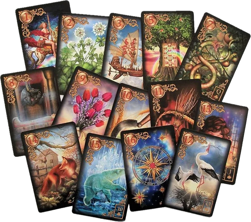 Cartas 1 a 17 do Gilded Reverie Lenormand espalhadas