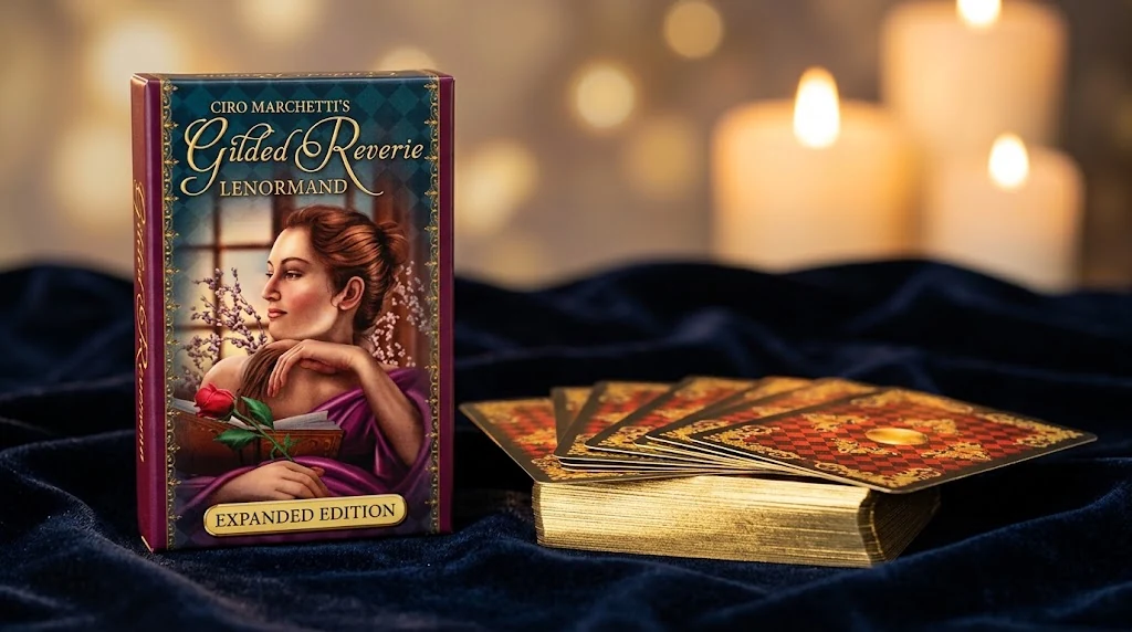 Caixa do Gilded Reverie Lenormand Expanded Edition ao lado do baralho com as bordas douradas, sobre veludo azul-escuro e à luz das velas